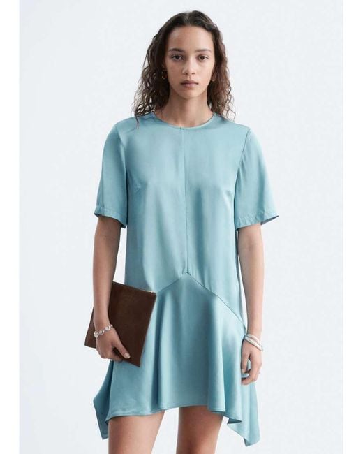 & Other Stories Blue Drop Waist Satin Mini Dress With Hanky Hem