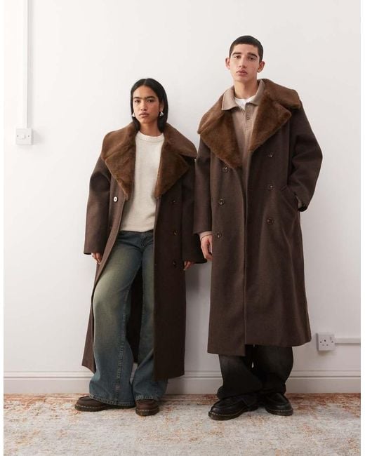 Reclaimed Vintage Brown Unisex Wool Look Formal Longline Coat With Faux Fur Collar