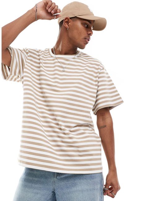T-shirt oversize bianca e beige a righe di Only & Sons in Natural da Uomo