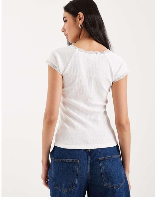 Brave Soul White Pointelle T-shirt With Lace Trim