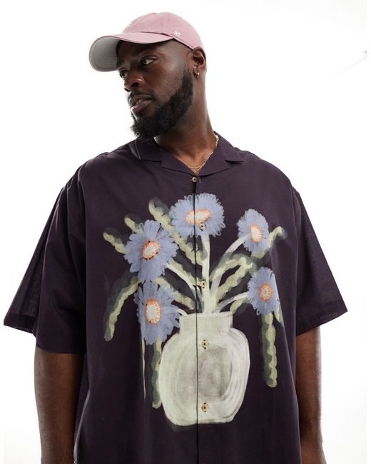 ASOS Black Oversized Shirt With Floral Vase Print for men