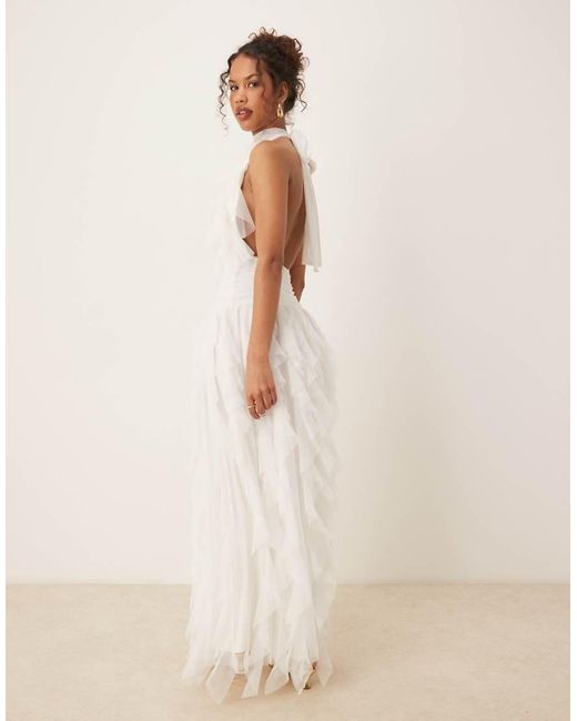 LACE & BEADS Natural Backless Ruffle Tulle Maxi Dress