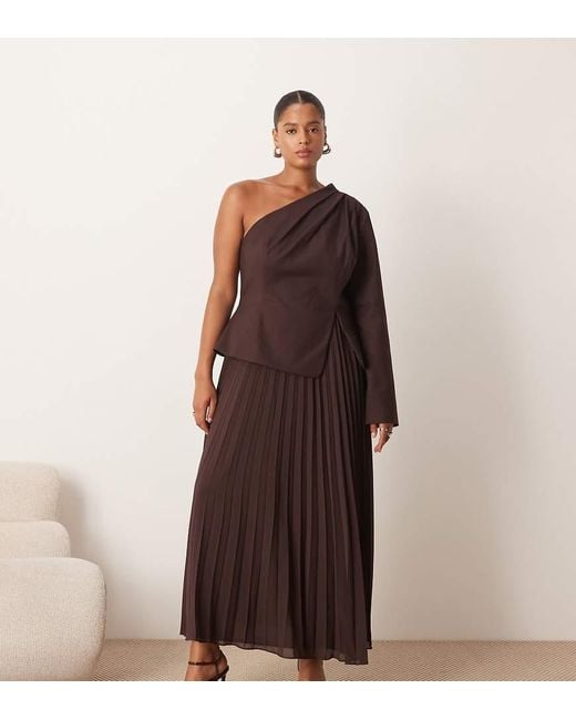 ARRANGE Brown Curve Sculpted One Shoulder Maxi Dress With Micro Pleat Hem