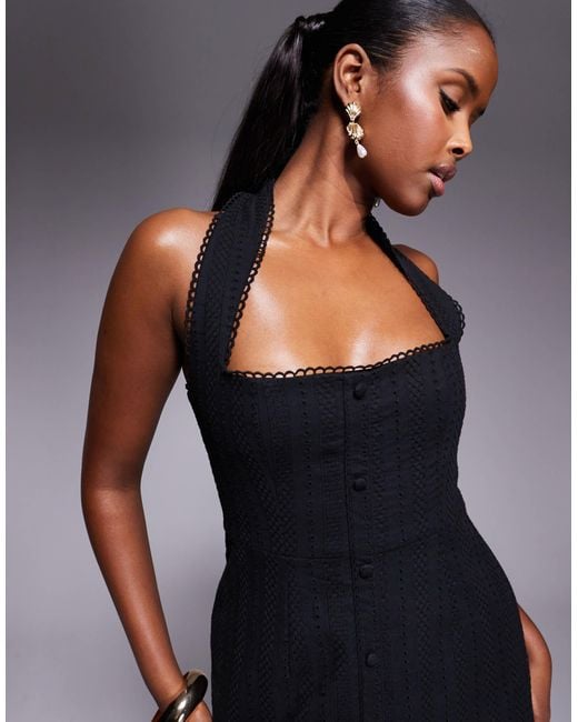 Murci Blue Exclusive Broderie Square Neck Halterneck Button Through Mini Dress