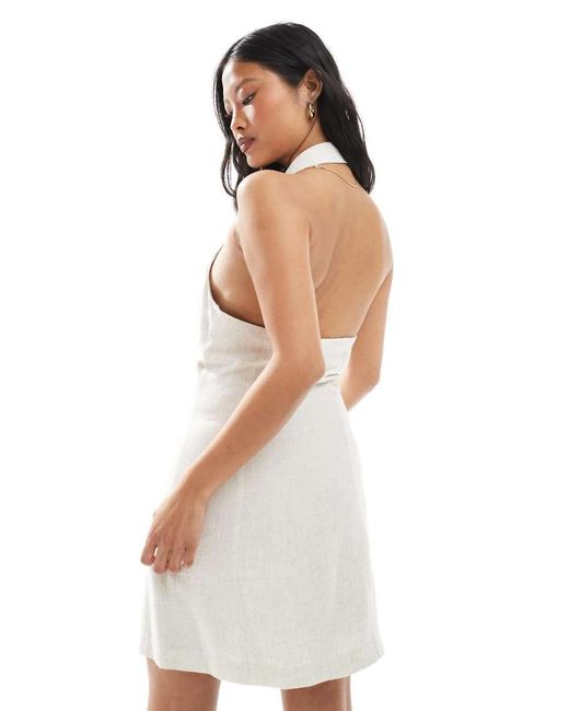Miss Selfridge White Linen Blend Collared Halter Mini Dress Stone