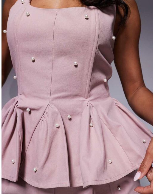Top Corsetero De Sarga De Algodón Con Sobrefalda Y Adornos De Perlas De ASOS de color Pink