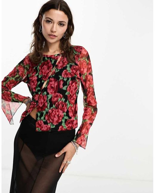 VIOLET ROMANCE Red Mesh Top Co Ord With Asymmetric Button Detail