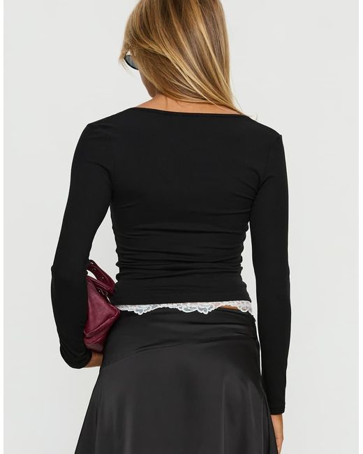 Princess Polly Black Falling Through Contrast Lace Underlay Detail Scoop Neck Long Sleeve Top
