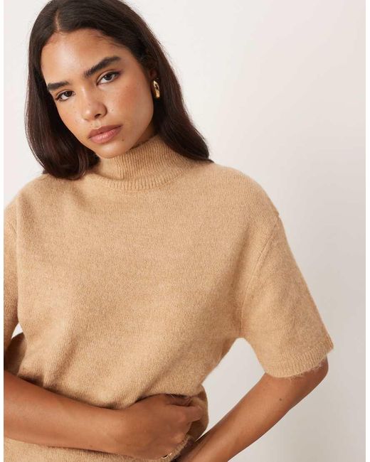 Gina Tricot Natural Short Sleeve Funnel Neck Knitted Wool Alpaca Top