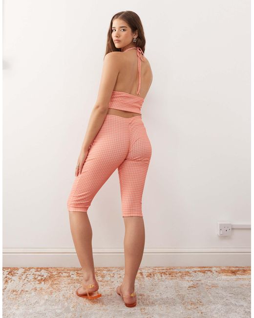 Reclaimed (vintage) Pink Gingham Print Crinkle Textured Capri Trousers Co-Ord