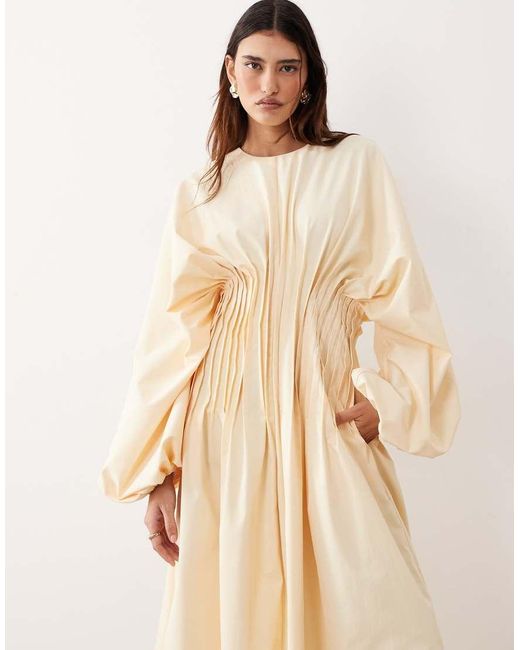 ARRANGE Natural Pleat Waist Long Sleeve Maxi Dress
