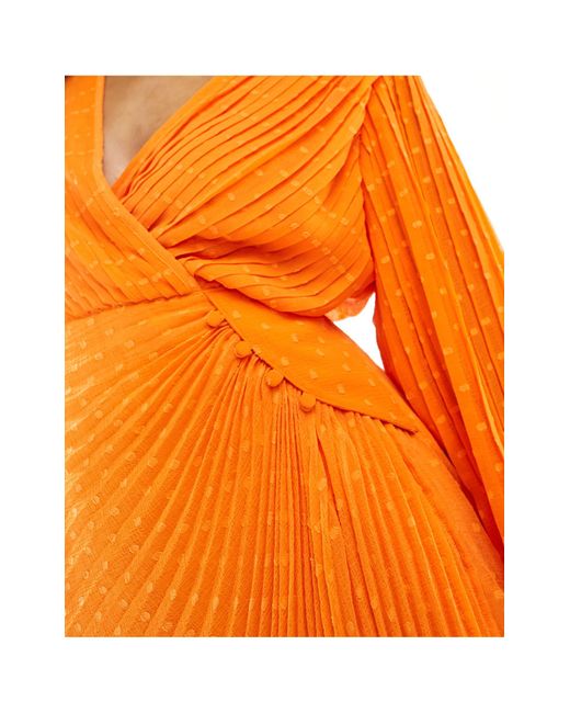 ASOS Orange Pleated Dobby Chiffon Wrap Button Detail Mini Dress