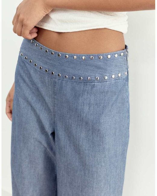 Pull&Bear Blue Wide-leg Jeans With Studs