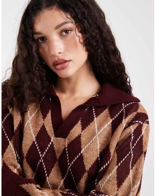New Look Brown Argyle Polo Jumper