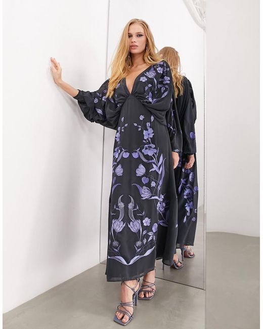 Vestido Midi Con Bordado Floral Y Mangas De Murciélago De Chifón De -Azul Marino ASOS de color Blue