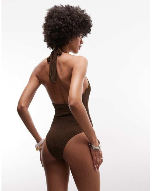 Monki Brown Crinkle Plunge Swimsuit