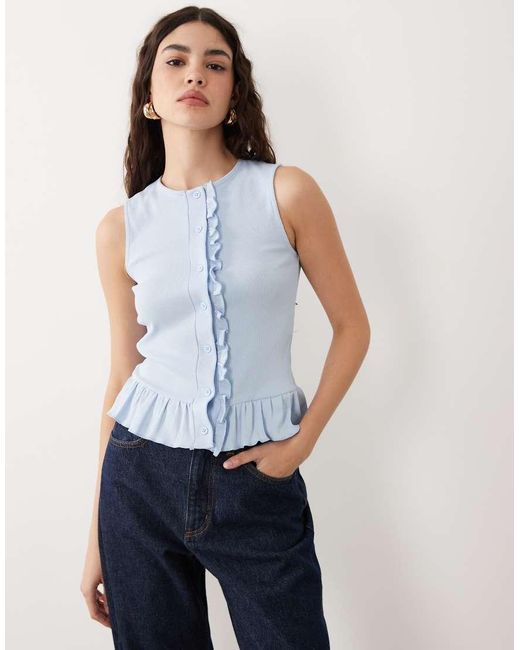 Miss Selfridge Blue Button Through Tank With Frill Hem N
