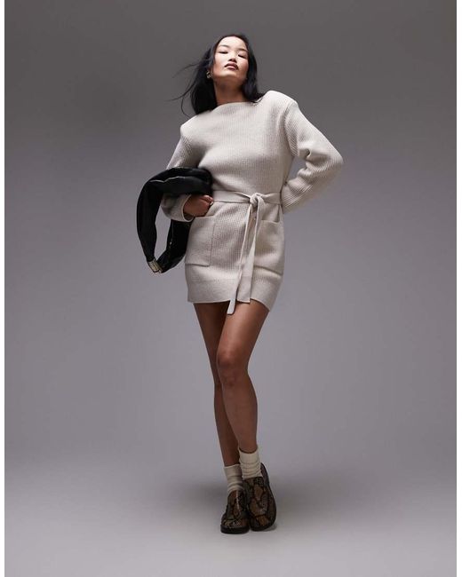 Vestido Corto Color Crema Con Lazada En La Cintura De Punto Acanalado De Mezcla De Algodón Y Lana De -Neutro & Other Stories de color Brown