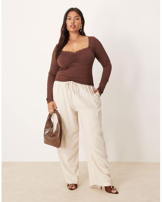 ASOS Brown Asos Design Curve Slinky Square Neck Ruched Front Long Sleeve Top With Lace