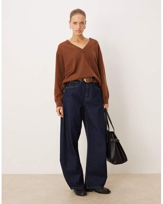 Mango Brown V Neck Long Sleeve Knitted Top