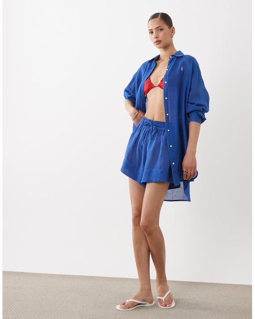 Polo Ralph Lauren Blue Oversized Cotton Linen Boyfriend Shirt