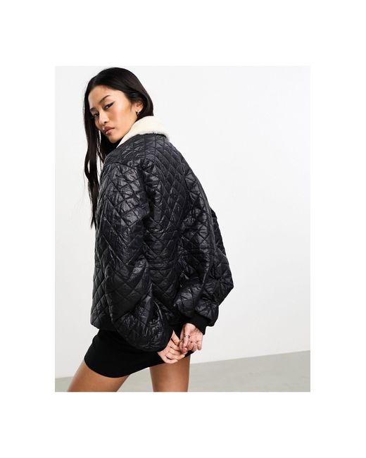 Pieces Black Quilted Jacket With Faux Fur Collar