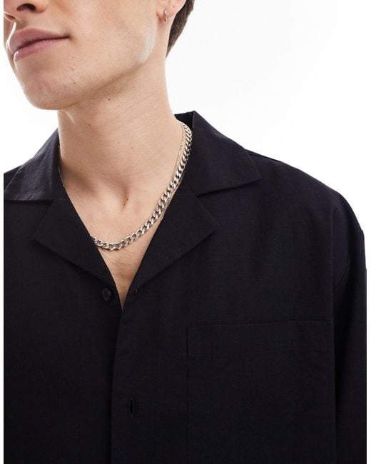 Collusion Black Beach Linen Revere Short Sleeve Shirt for men