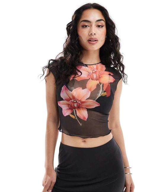 Bershka Black Floral Mesh T-shirt