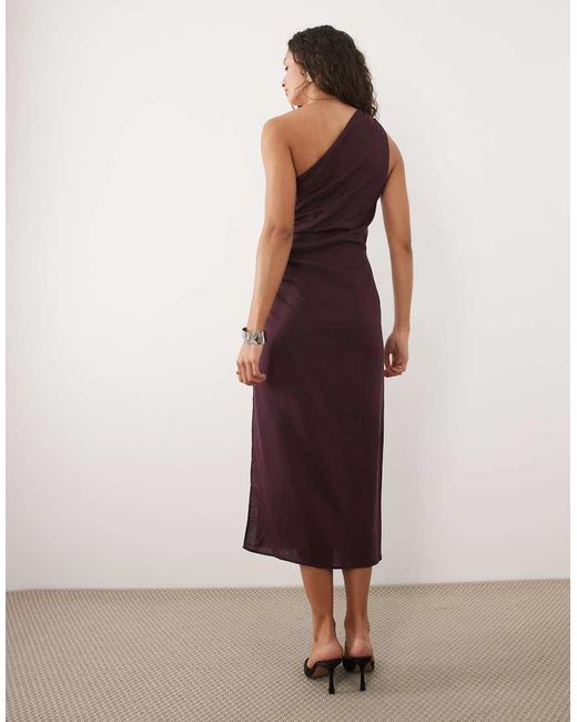 Mango Purple Linen Mix One Shoulder Draped Midi Dress