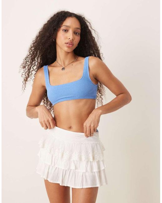 & Other Stories Blue Mix And Match Crinkle Scoop Front Bikini Top With Low Back