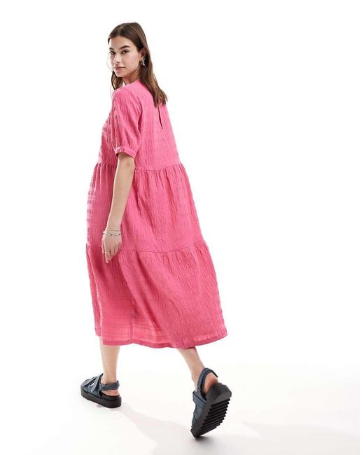 Monki Pink Midi Smock Dress With Tiered Hem