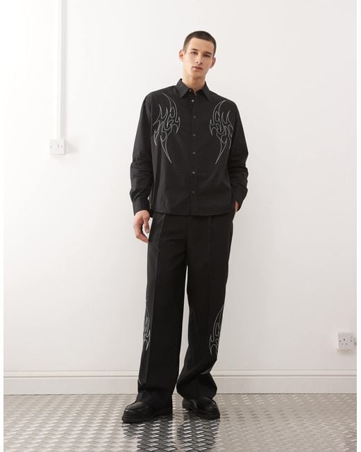 Weekday Black Co-ord Oversized Shirt With Silver Embroidery for men