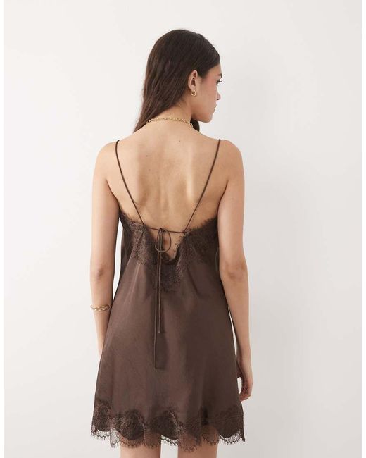 Abercrombie & Fitch Brown Satin Lace Trim Strappy Mini Dress