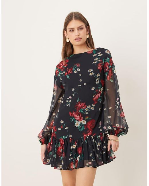 ASOS Natural Slash Neck Chiffon Godet Mini Dress