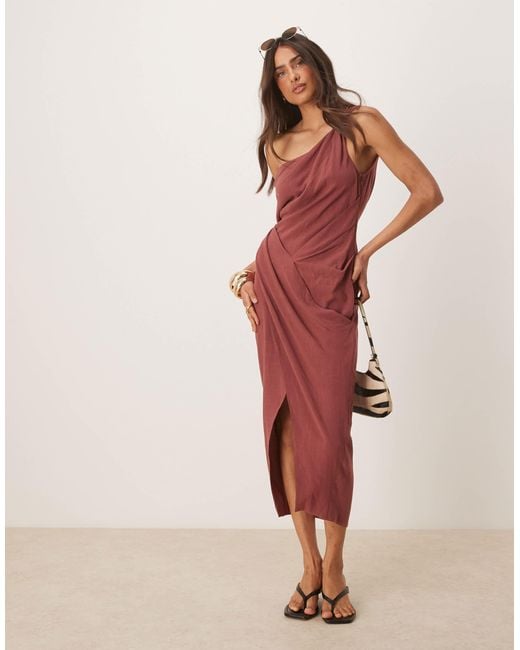 ASOS Red Linen Blend Fallen Twisted Shoulder Wrap Skirt Detail Midi Dress