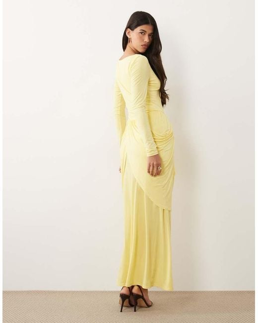 DASKA Yellow Boat Neck Long Sleeve Draped Skirt Maxi Dress