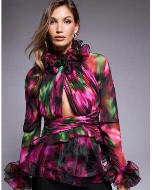 ASOS Multicolor – langärmliges organza-oberteil mit akzentuierten rüschen und verschwommenem blumenmuster