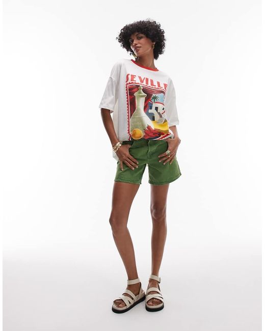Camiseta Blanca Con Estampado Gráfico "Seville" Y Ribetes En Contraste De Punto Liso De TOPSHOP de color Red