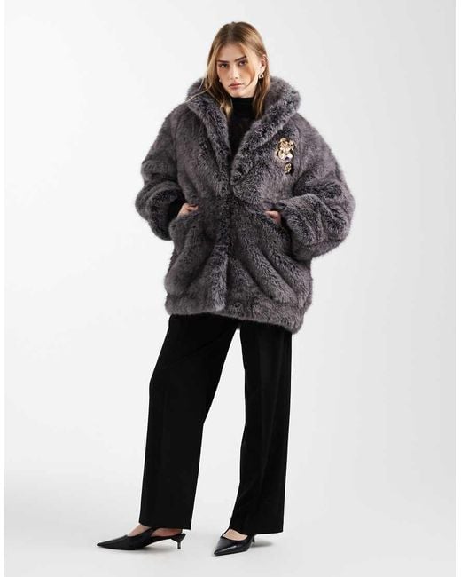 ASOS Black Vintage 80s Faux Fur Jacket With Gold Brooch Detailing