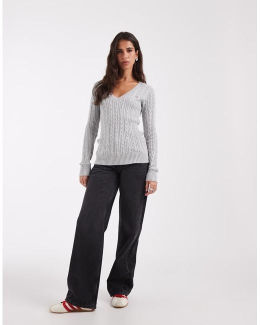 Hollister White Fitted Cable Knit V-neck Sweater