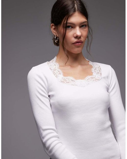 ASOS Gray Sweetheart Lace Trim Rib Long Sleeve Top