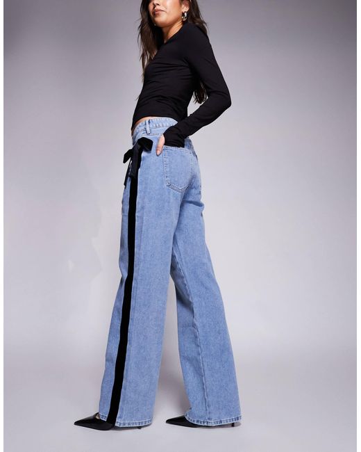 River Island Blue Relaxed Straight Leg Jeans With Velvet Bow Detailing