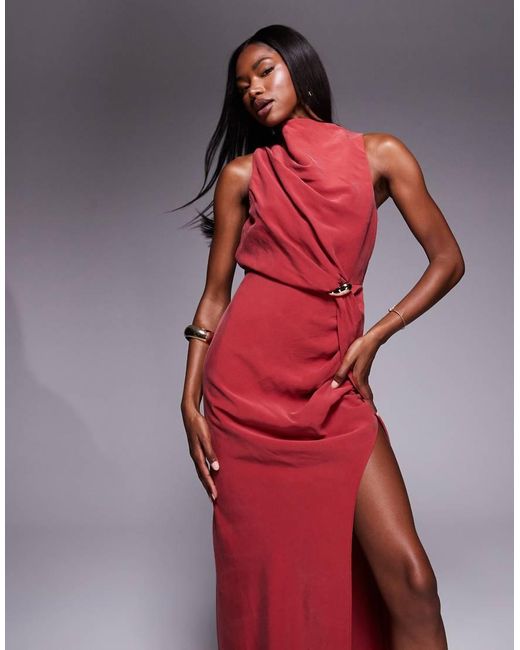 ASOS Red Asymmetric Neckline Maxi Dress With Hardware Trim