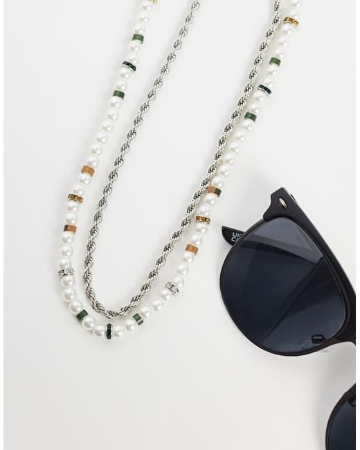 ASOS White 2 Pack Rondell Faux Pearl And Rope Chain Necklace for men