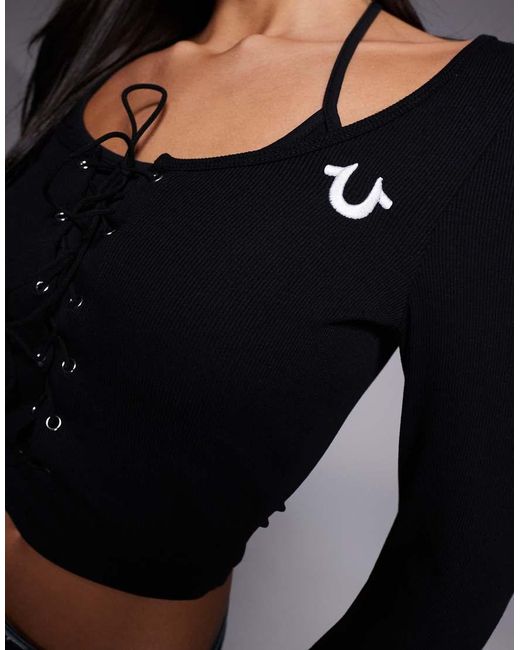 True Religion Blue Long Sleeve Ribbed Top With Halter Neck And Lace Up Detail