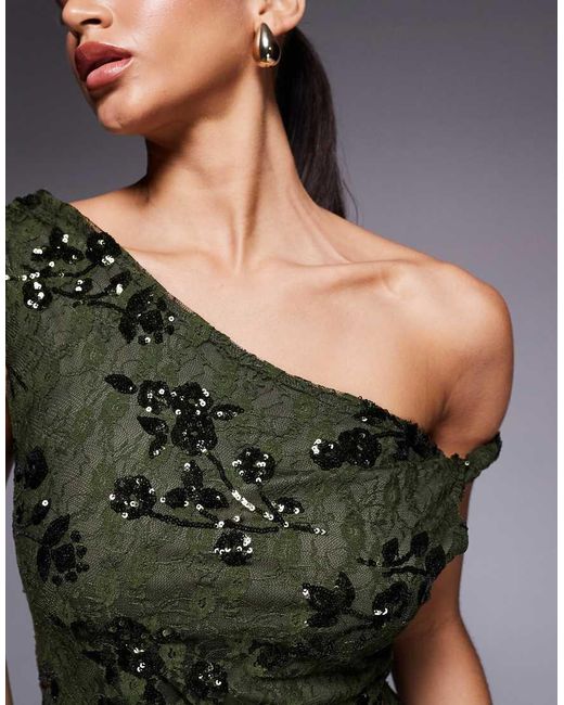 ASOS Blue Sequin Lace Twist Off Shoulder Lace Up Back Detail Maxi Dress
