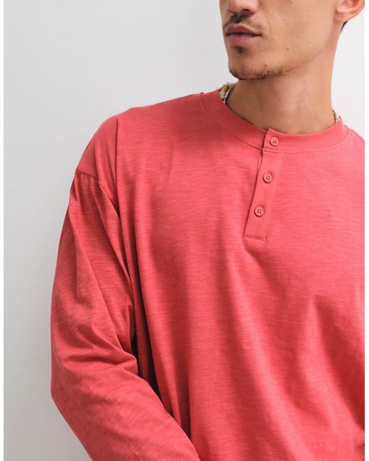Reclaimed Vintage Red Long Sleeve Slub Jersey Henley T-shirt for men