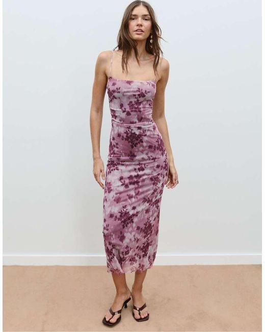 Stradivarius Pink Printed Tulle Midi Dress