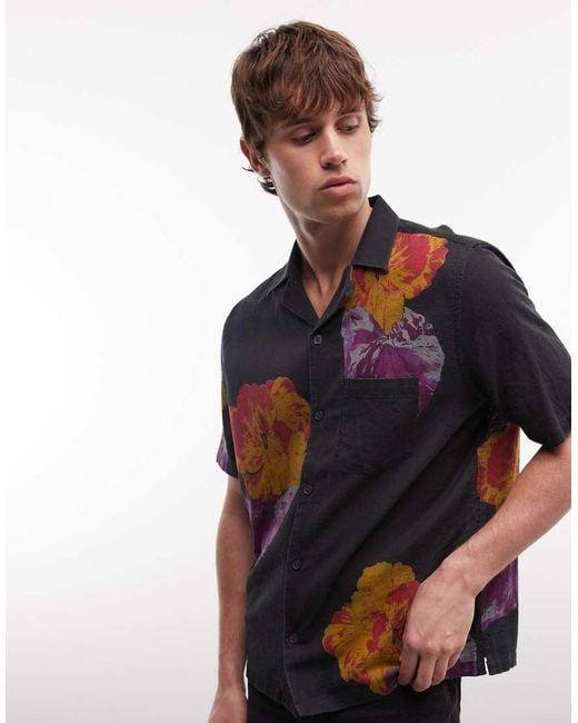 AllSaints Black Nouvelle Short Sleeve Linen Blend Floral Shirt for men