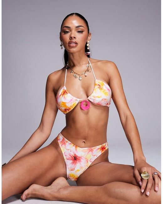 Top Bikini Multicolore Allacciato Al Collo Con Disco E Stampa A Fiori di Candypants in Pink